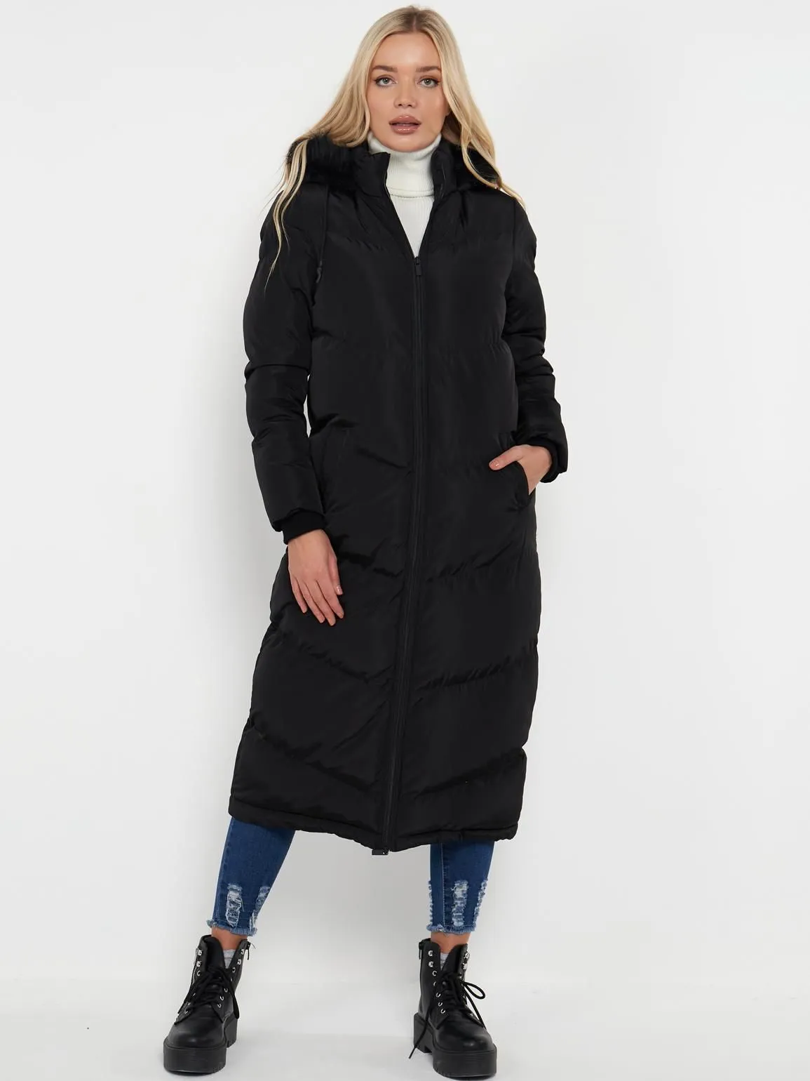 Maxi Length Puffer Coat with Faux Fur, Black, Khaki, White, UK Sizes 8 to 16