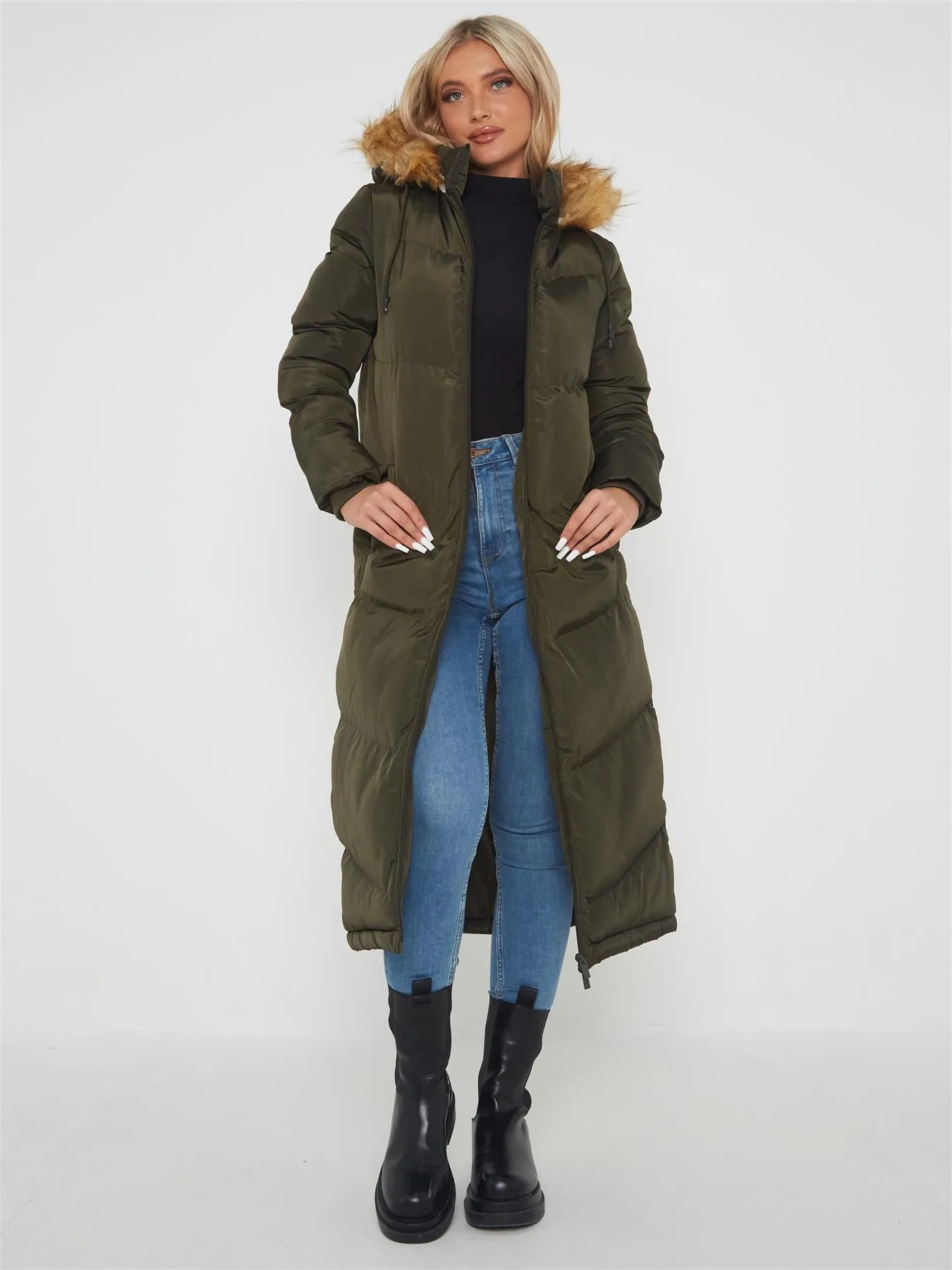 Maxi Length Puffer Coat with Faux Fur, Black, Khaki, White, UK Sizes 8 to 16