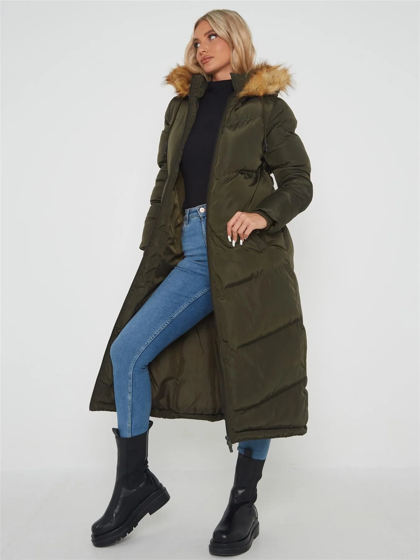 Maxi Length Puffer Coat with Faux Fur, Black, Khaki, White, UK Sizes 8 to 16