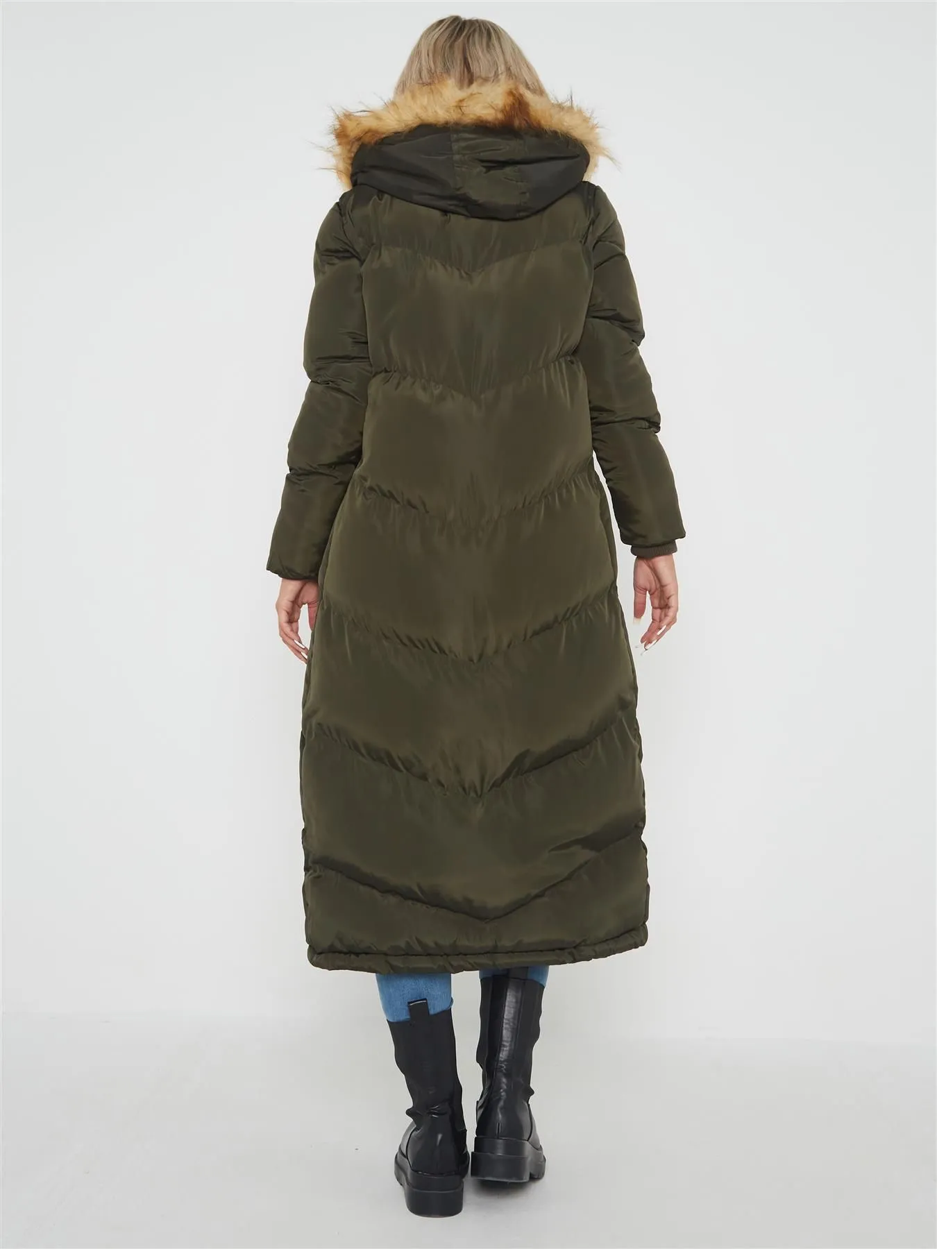 Maxi Length Puffer Coat with Faux Fur, Black, Khaki, White, UK Sizes 8 to 16