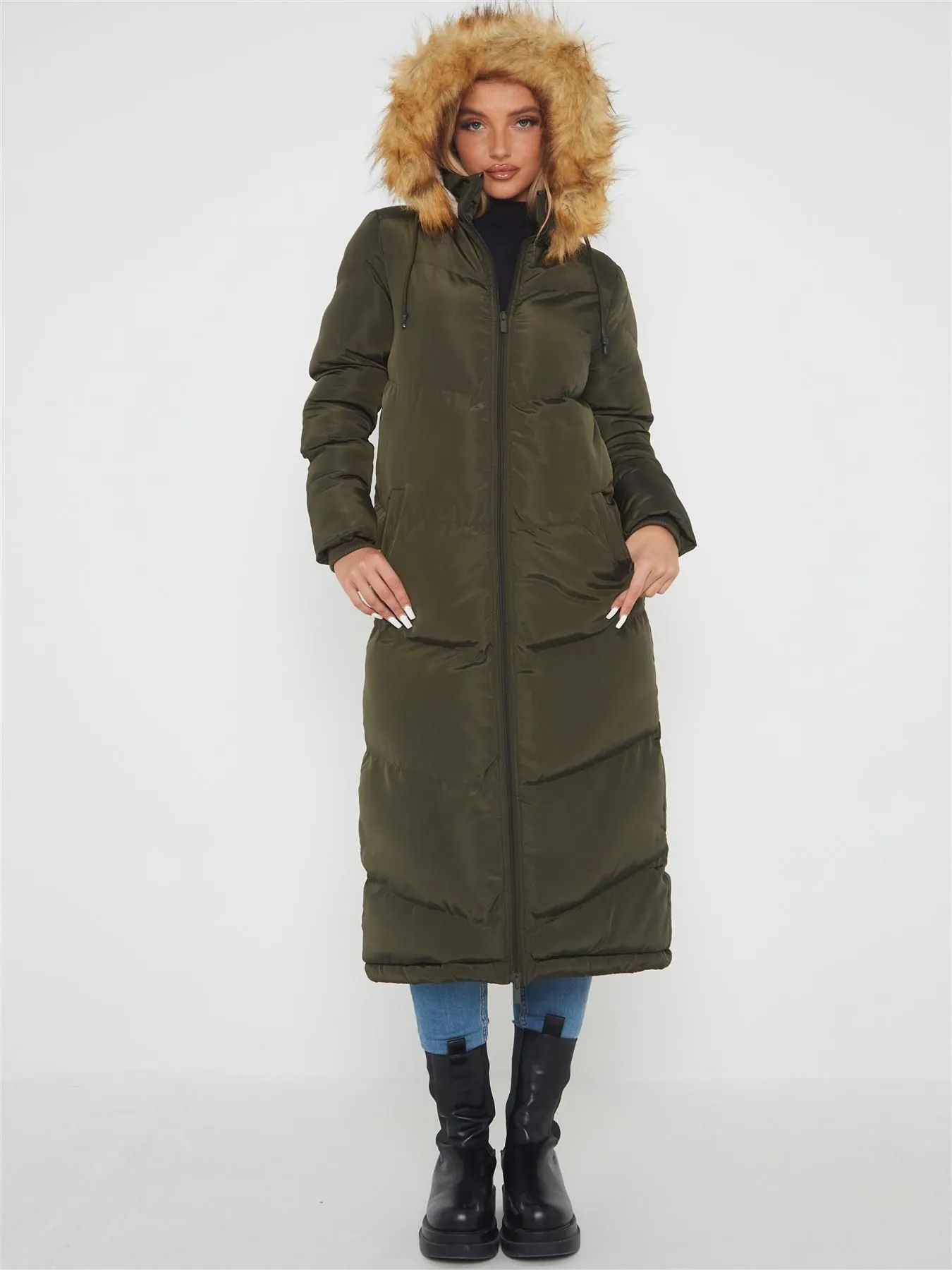 Maxi Length Puffer Coat with Faux Fur, Black, Khaki, White, UK Sizes 8 to 16