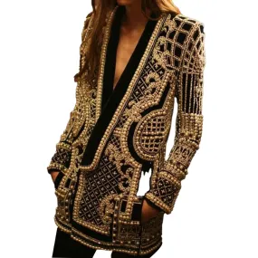 MBluxy women pearl beaded long New fashion lady suit woman blazer jacket coats