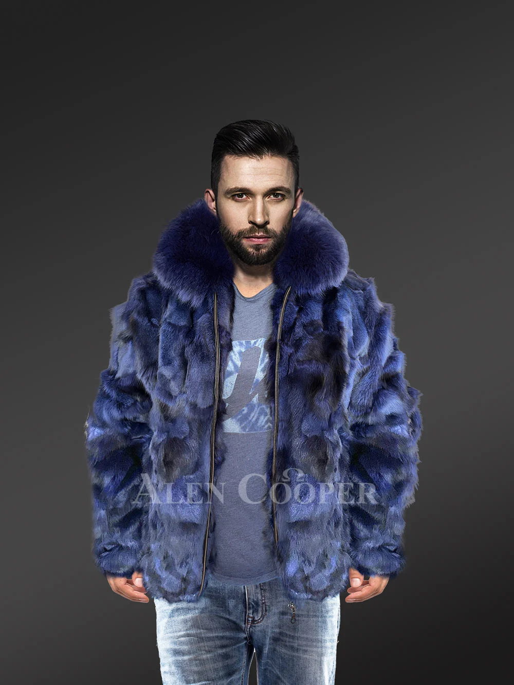 Mens Blue Fox Fur Jacket in Bomber Style With Fox Fur Collar