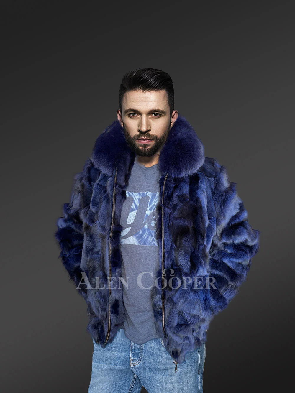 Mens Blue Fox Fur Jacket in Bomber Style With Fox Fur Collar