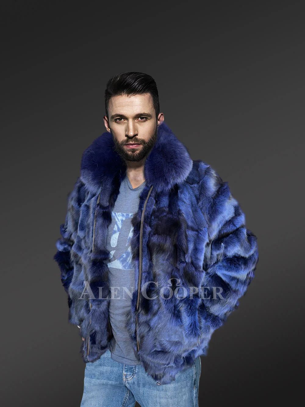 Mens Blue Fox Fur Jacket in Bomber Style With Fox Fur Collar