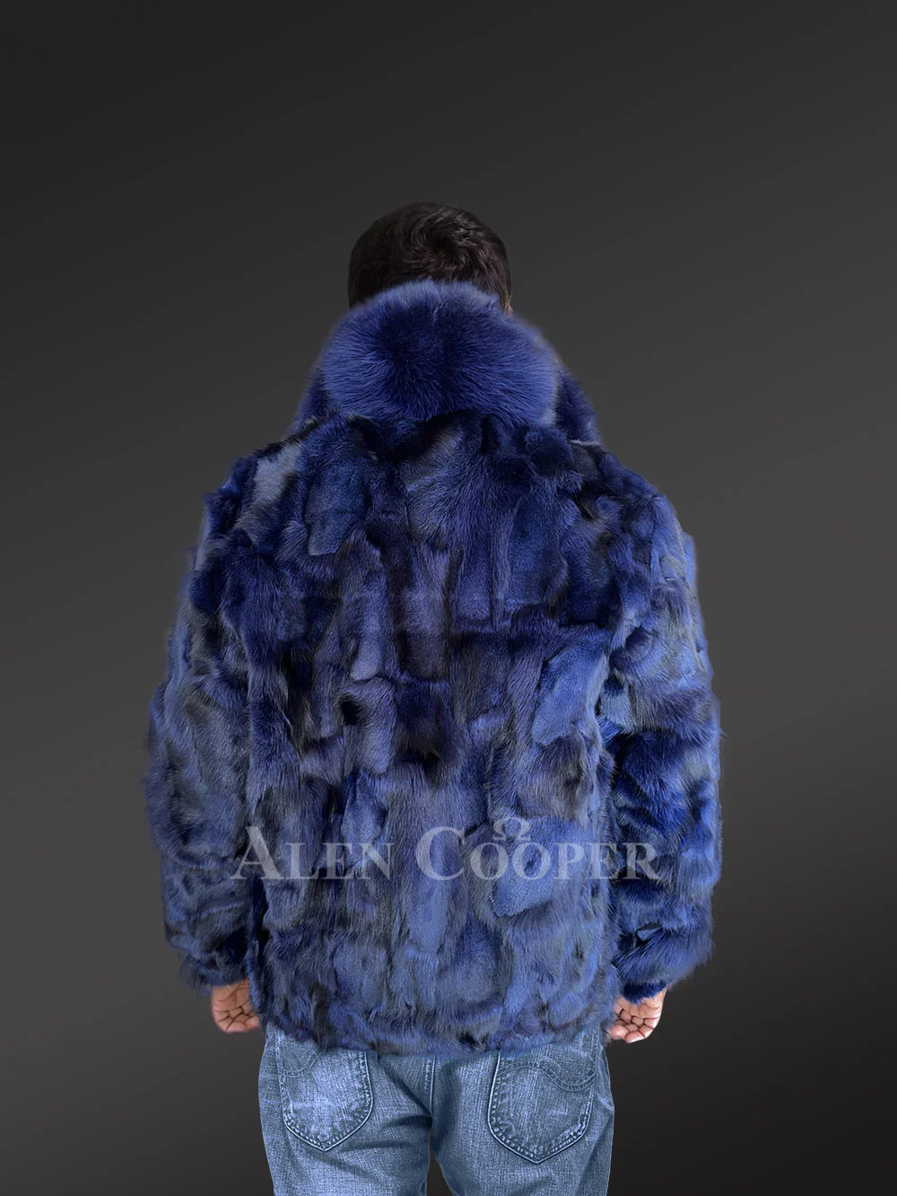 Mens Blue Fox Fur Jacket in Bomber Style With Fox Fur Collar