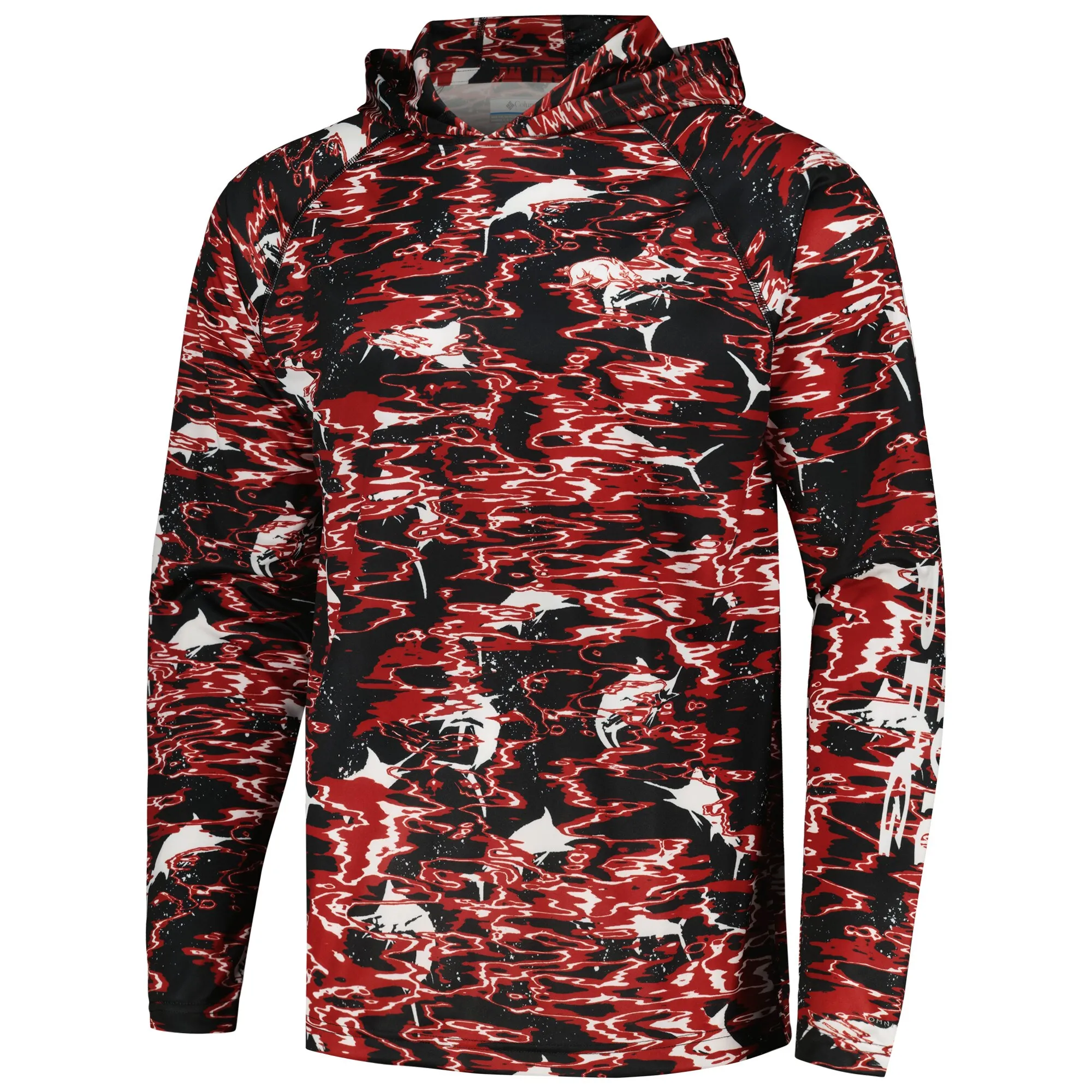 Men's Columbia Black Arkansas Razorbacks PFG Terminal Tackle Omni-Shade Rippled Long Sleeve Hooded T-Shirt