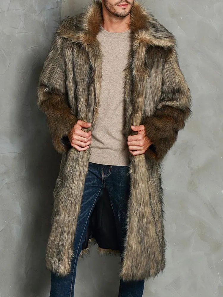 Mens Faux Fur Coats Oversized Turndown Collar Winter Overcoats