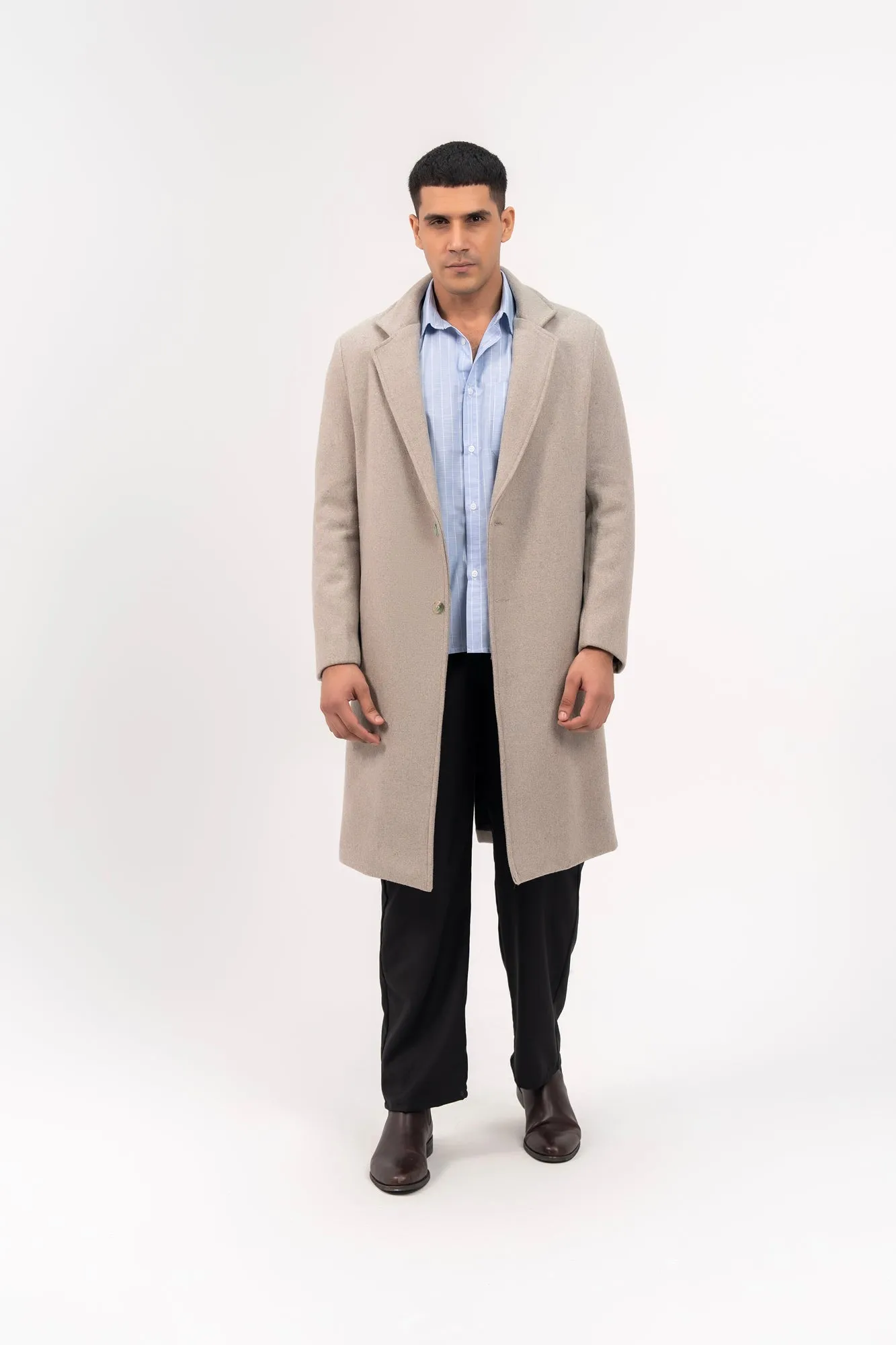 Men's Long Wool Coat - Light Grey