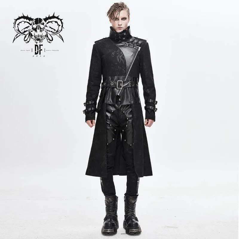 Men's Vintage Stand Collar Faux Leather Spliced Long Coats