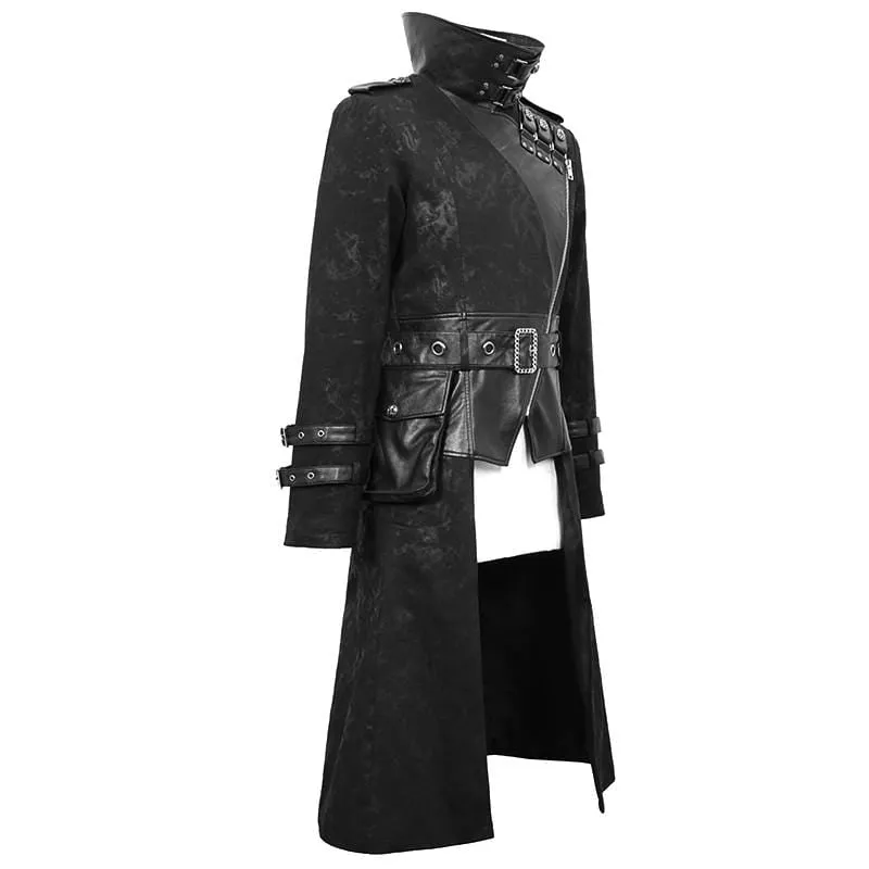 Men's Vintage Stand Collar Faux Leather Spliced Long Coats