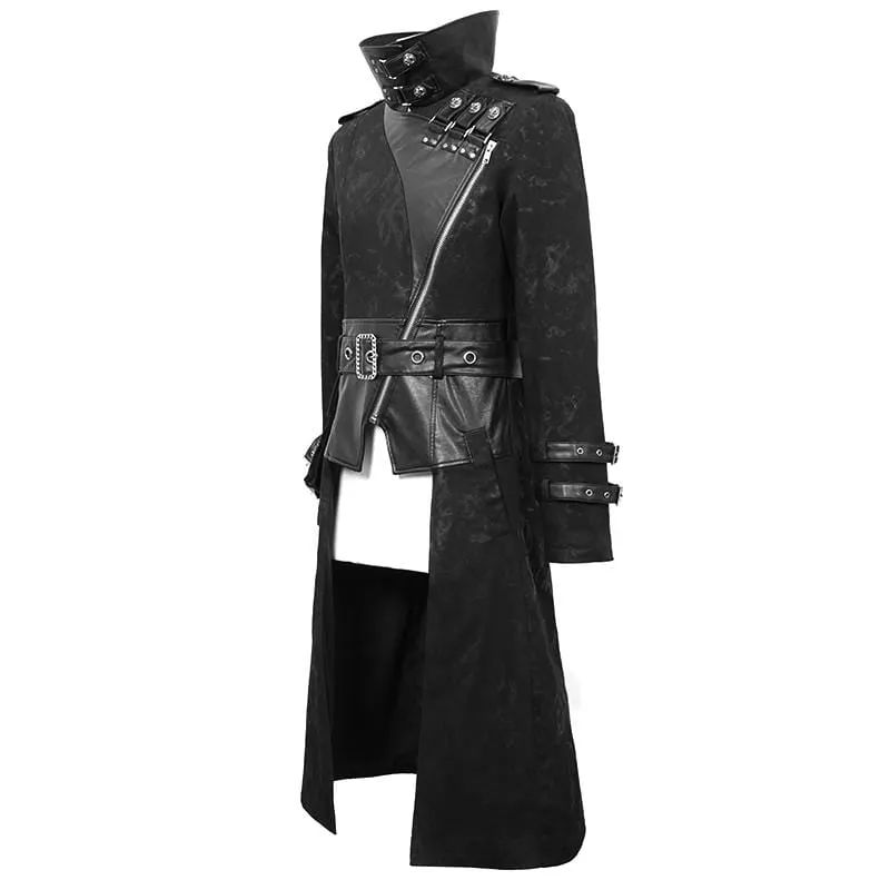 Men's Vintage Stand Collar Faux Leather Spliced Long Coats