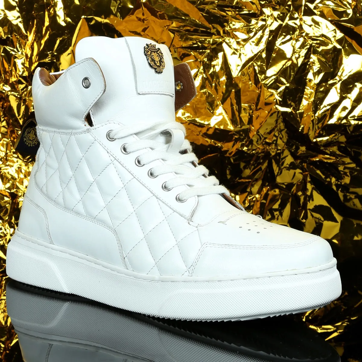 Mid-Top White Leather Sneaker with Diamond Stitch Pattern by Brune & Bareskin