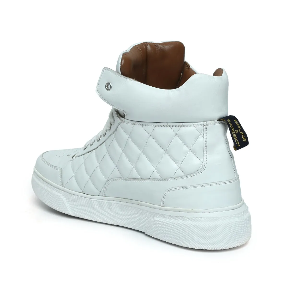 Mid-Top White Leather Sneaker with Diamond Stitch Pattern by Brune & Bareskin