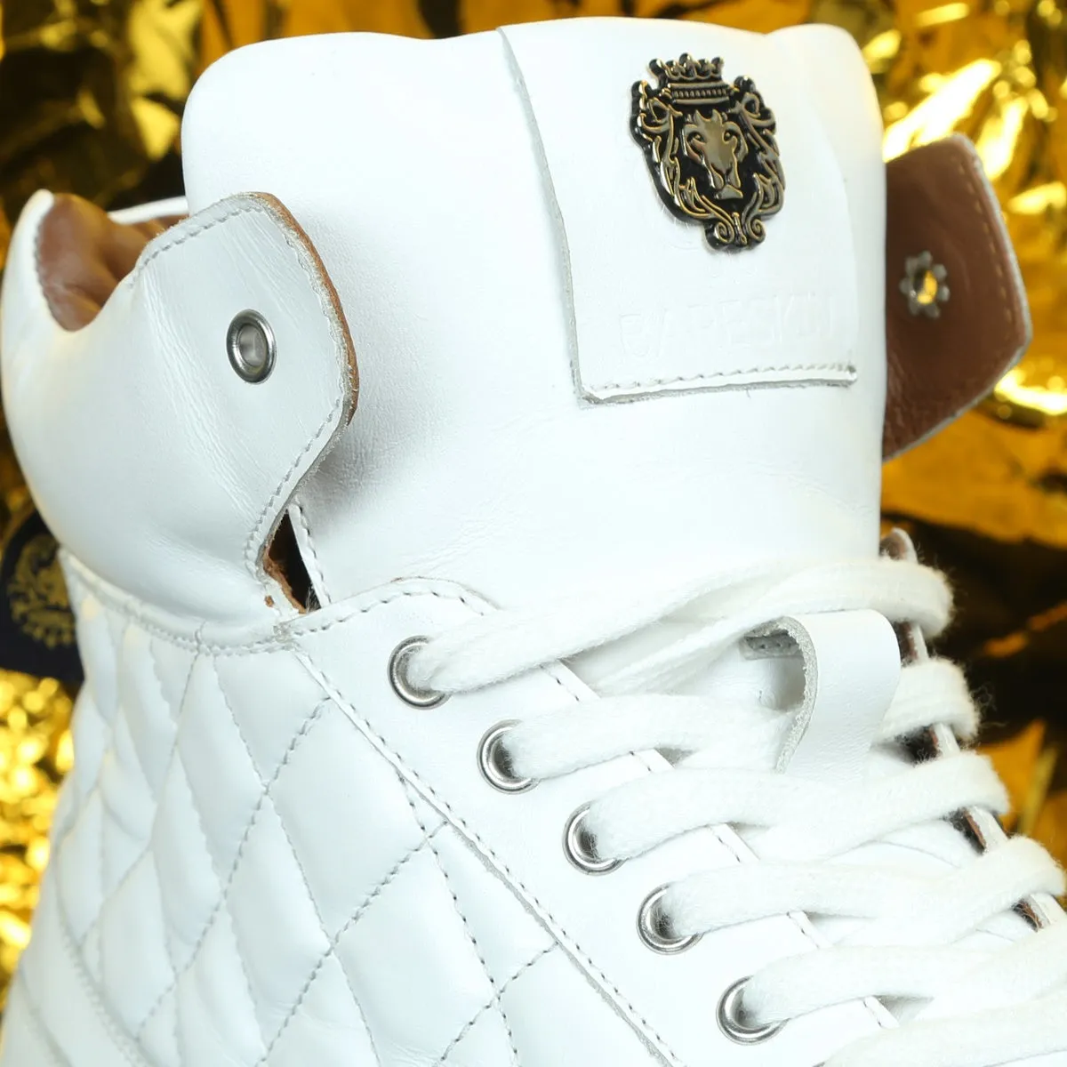 Mid-Top White Leather Sneaker with Diamond Stitch Pattern by Brune & Bareskin