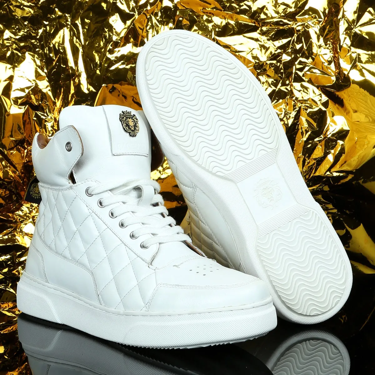 Mid-Top White Leather Sneaker with Diamond Stitch Pattern by Brune & Bareskin