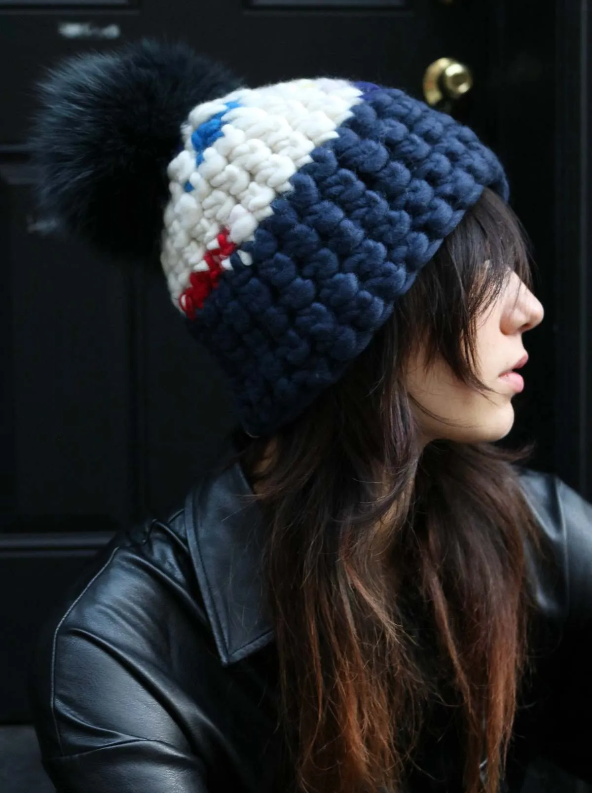 Mischa Lampert color block graphite xl pom beanie - Mondrian/Navy