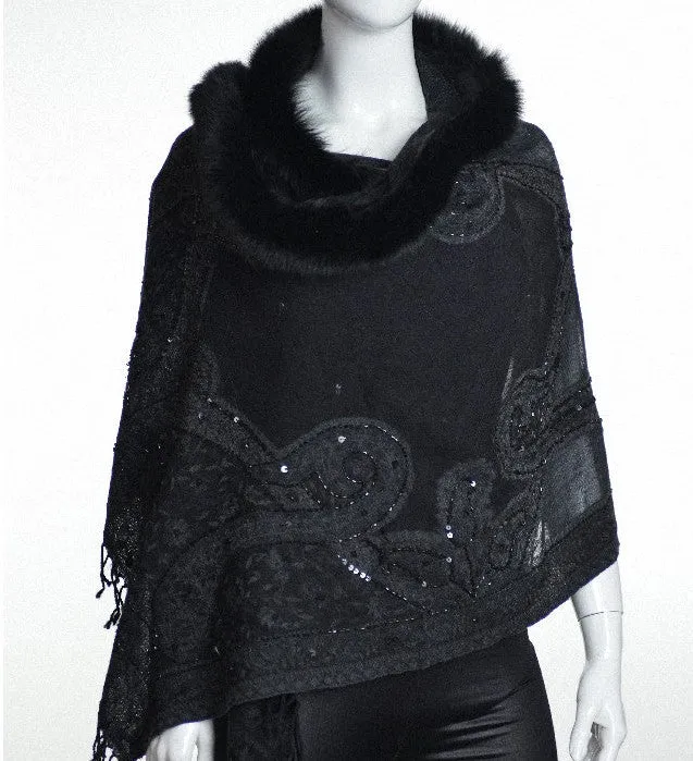 Mitchie's | Embroidered Woven Wrap With Fox Fur Trim