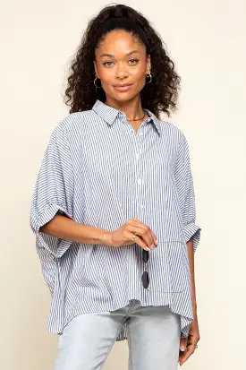 Navy Striped Dolman Button Down Top