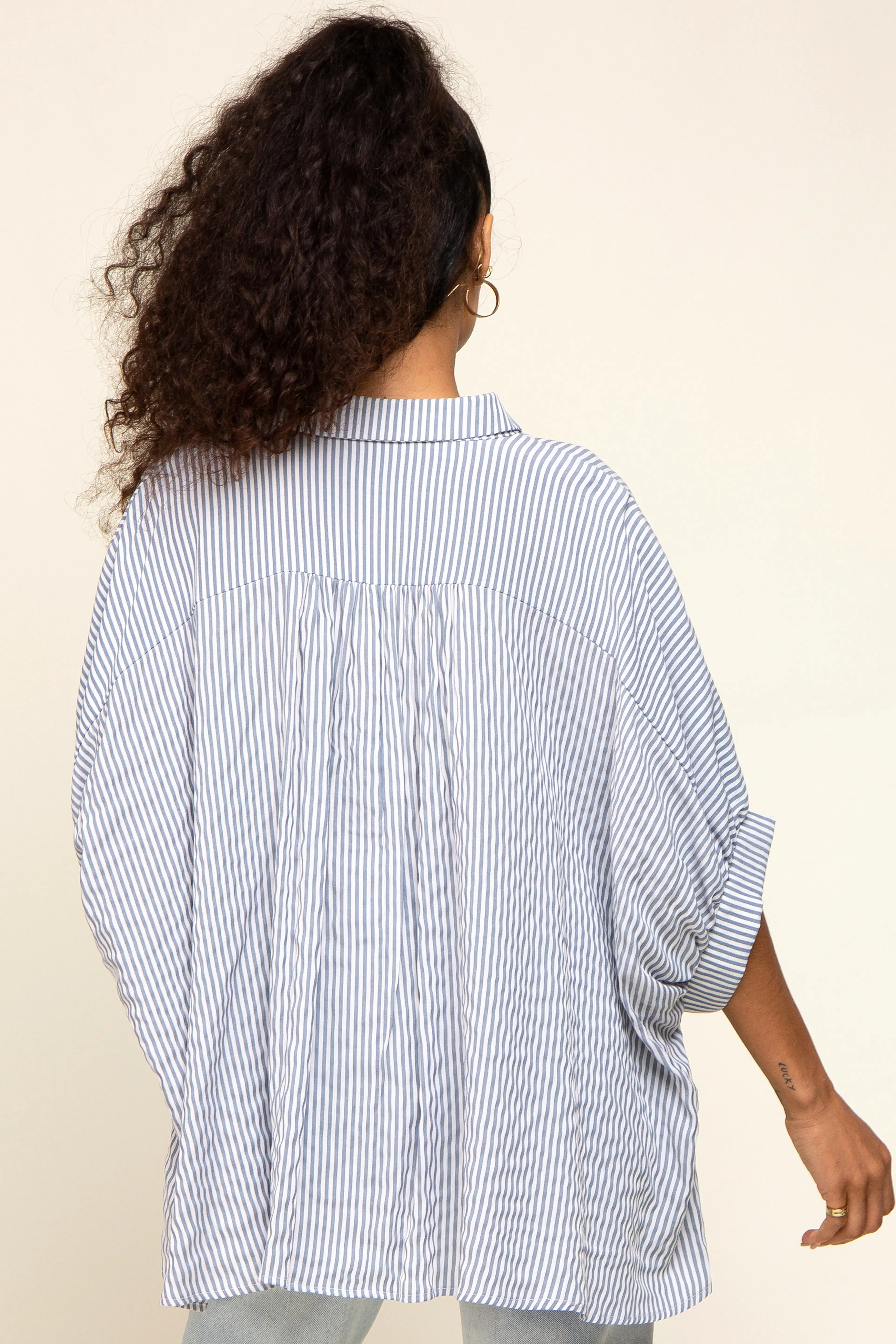 Navy Striped Dolman Button Down Top