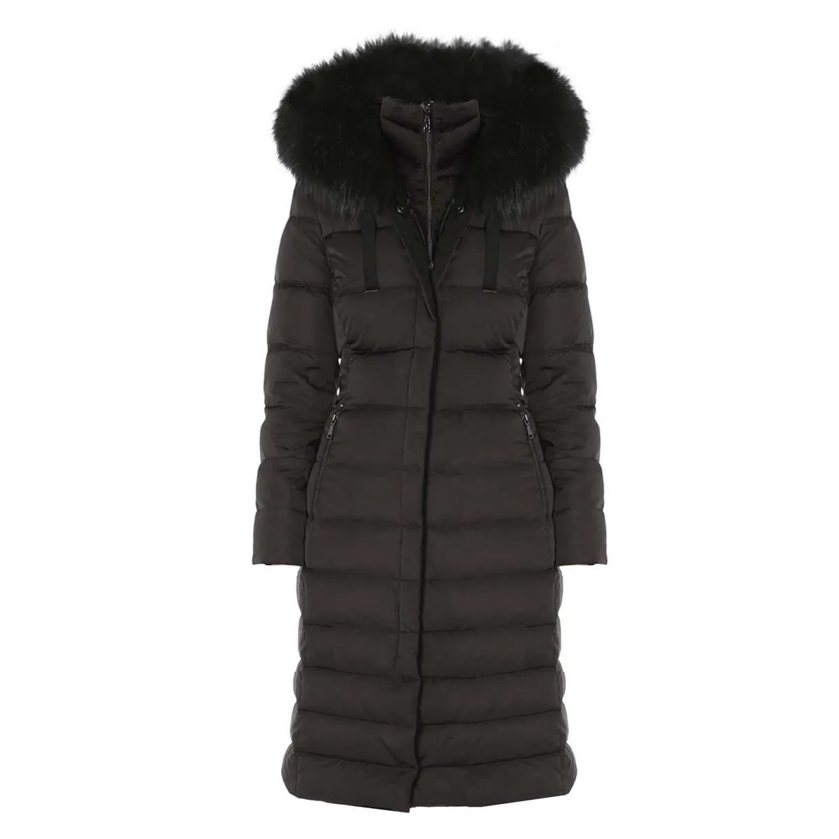 Nelly Maxi Puffer Coat Hooded Faux Fur Trim - Black