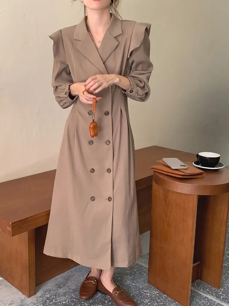 Notched Lapel Double Breasted Trench Dress Elegant Office Lady Ruffle Long Sleeve Midi Dress