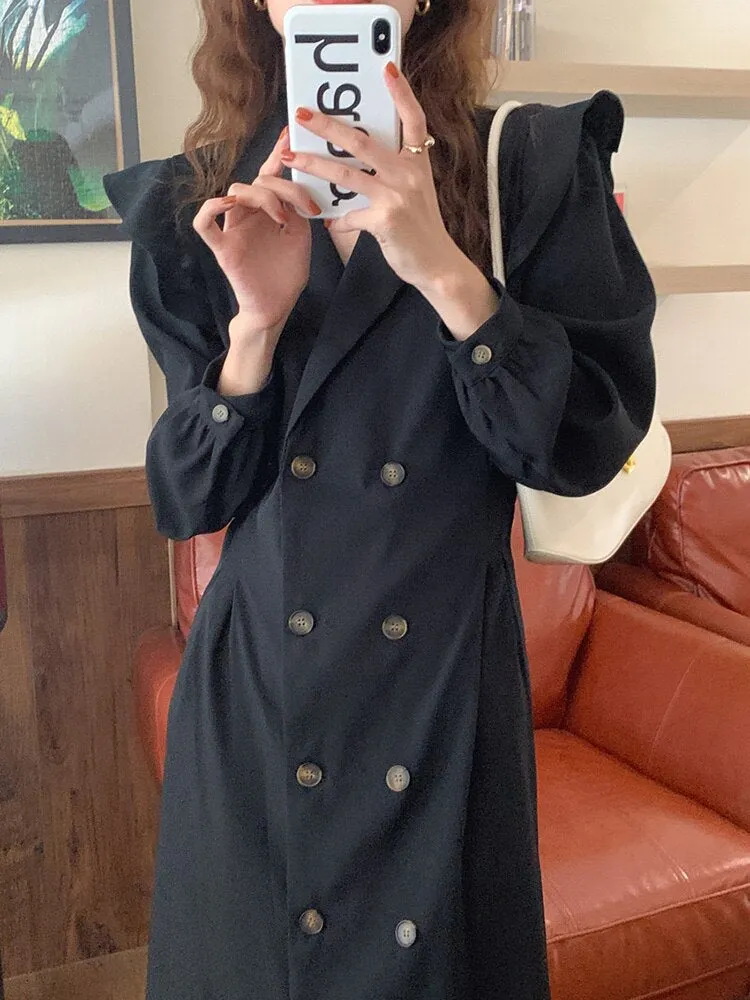 Notched Lapel Double Breasted Trench Dress Elegant Office Lady Ruffle Long Sleeve Midi Dress