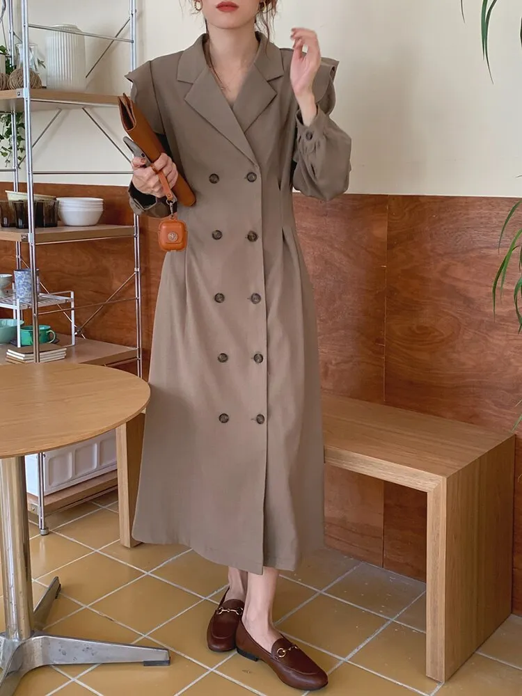 Notched Lapel Double Breasted Trench Dress Elegant Office Lady Ruffle Long Sleeve Midi Dress