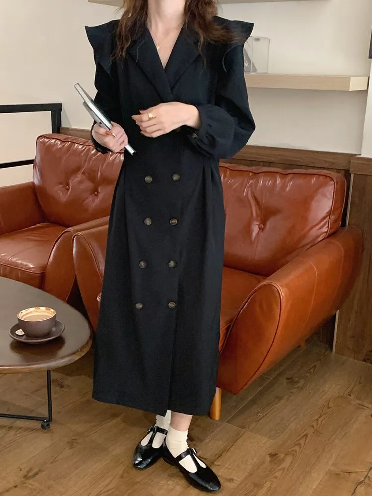 Notched Lapel Double Breasted Trench Dress Elegant Office Lady Ruffle Long Sleeve Midi Dress