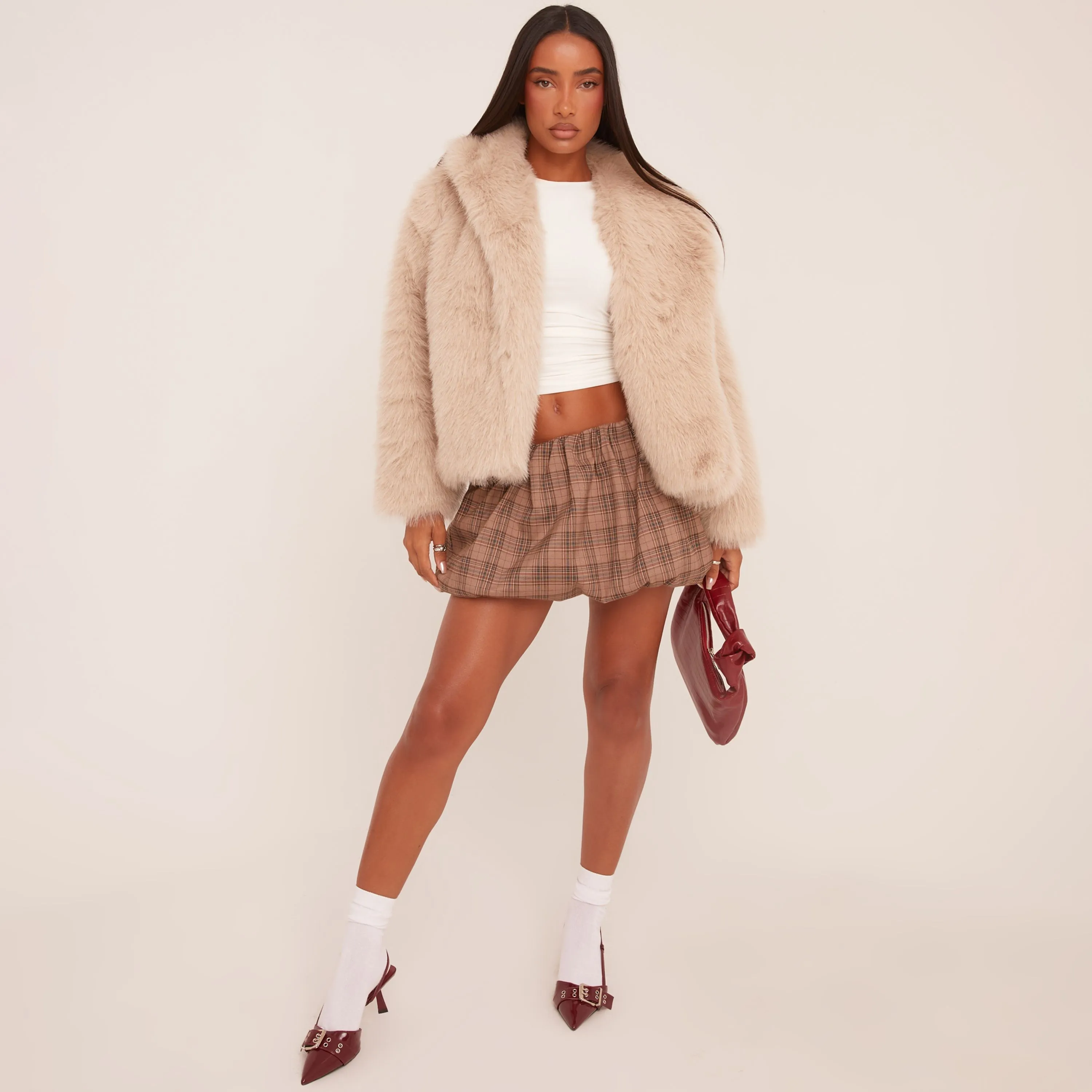 Oversized Collar Detail Cropped Jacket In Stone Faux Fur