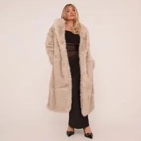 Oversized Longline Maxi Coat In Nude Faux Fur