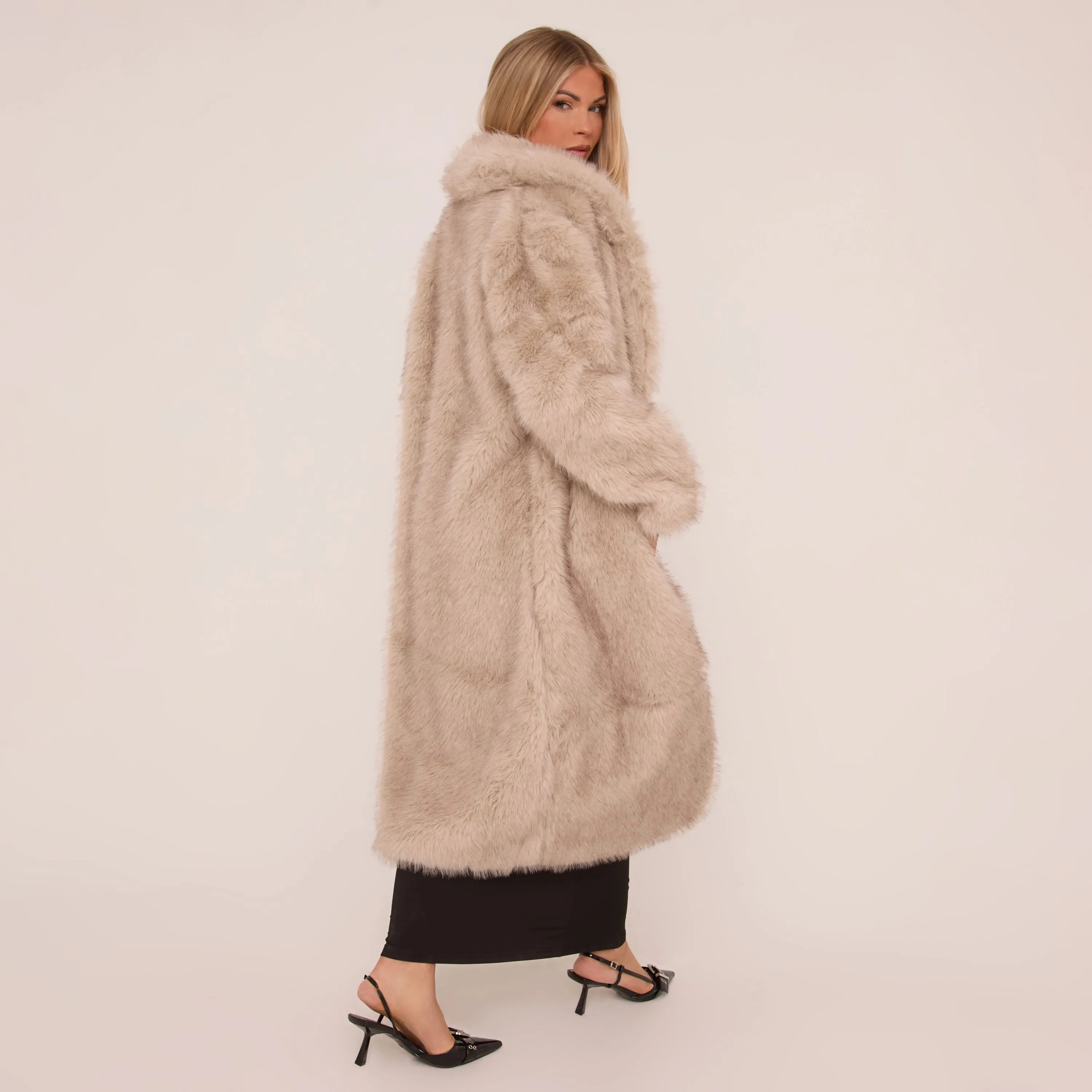 Oversized Longline Maxi Coat In Nude Faux Fur