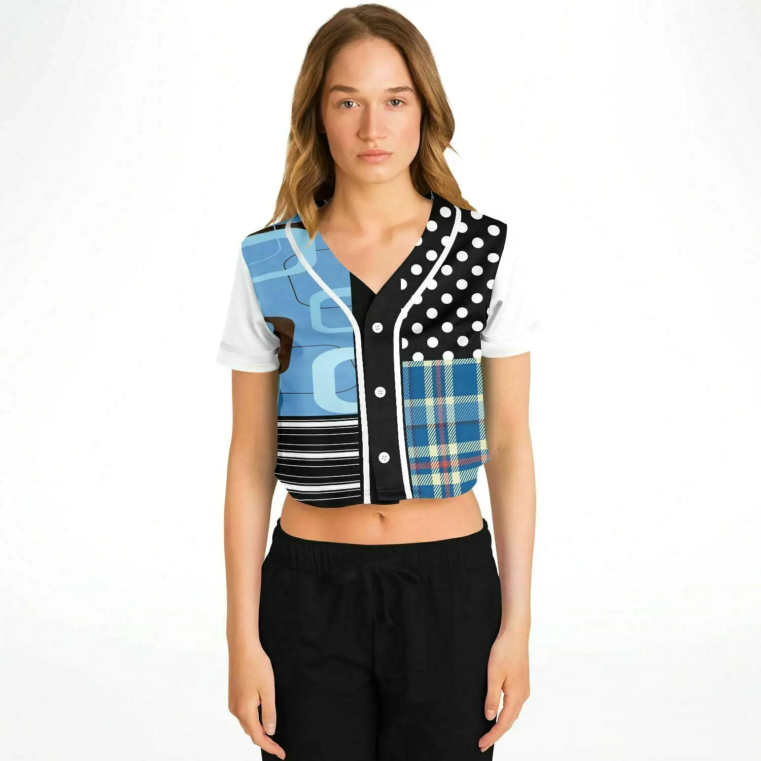 Pacific Palisades Patchwork Cropped Button Front Jersey