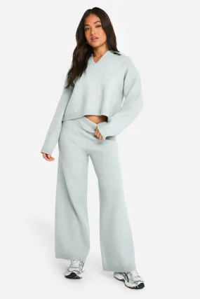 Petite Collared V Neck Sweater And Pants Two-Piece