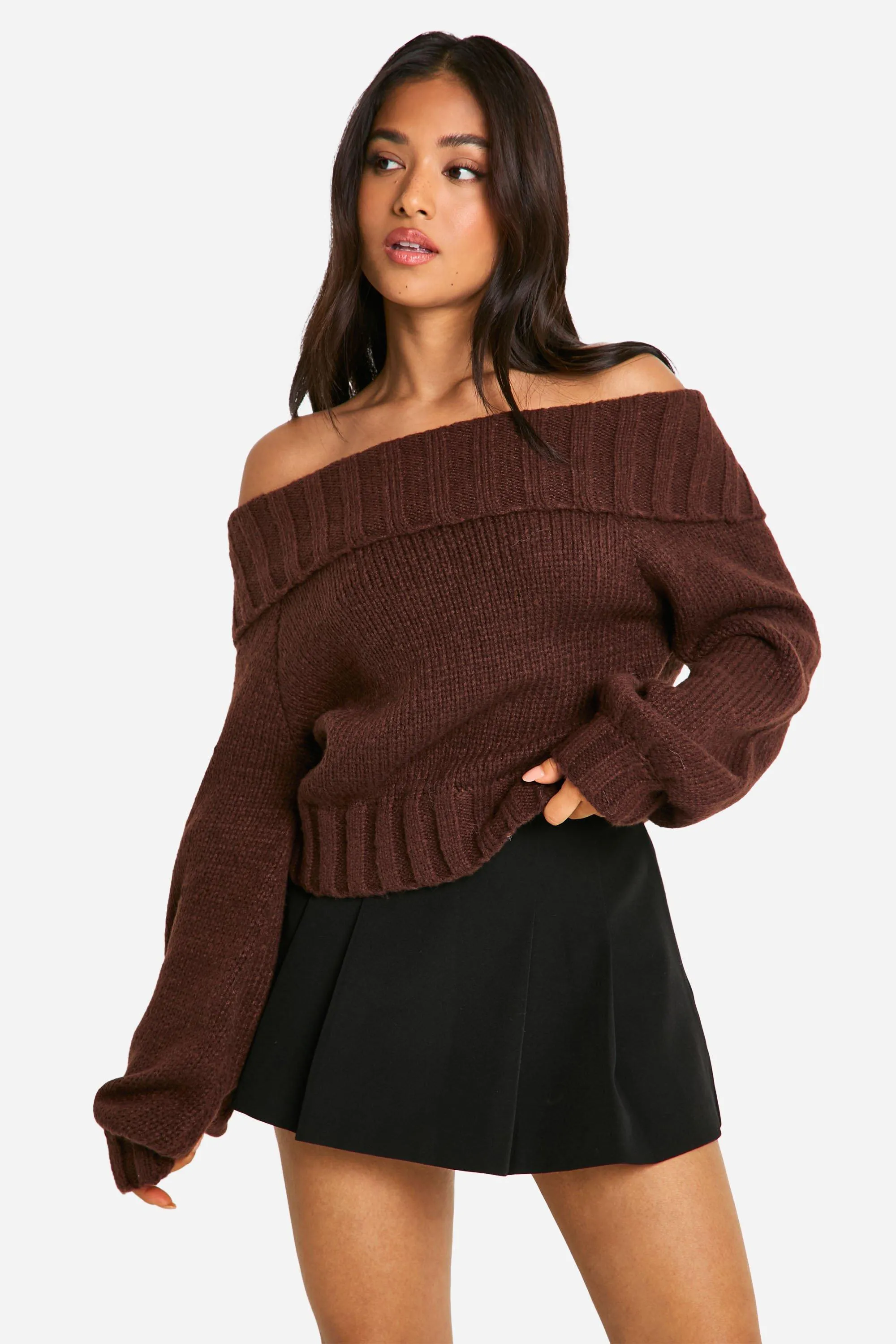 Petite Ribbed Off The Shoulder Balloon Sleeve Knitted Sweater