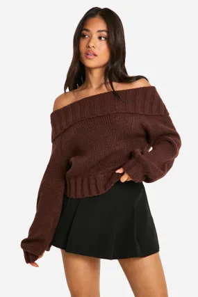 Petite Ribbed Off The Shoulder Balloon Sleeve Knitted Sweater