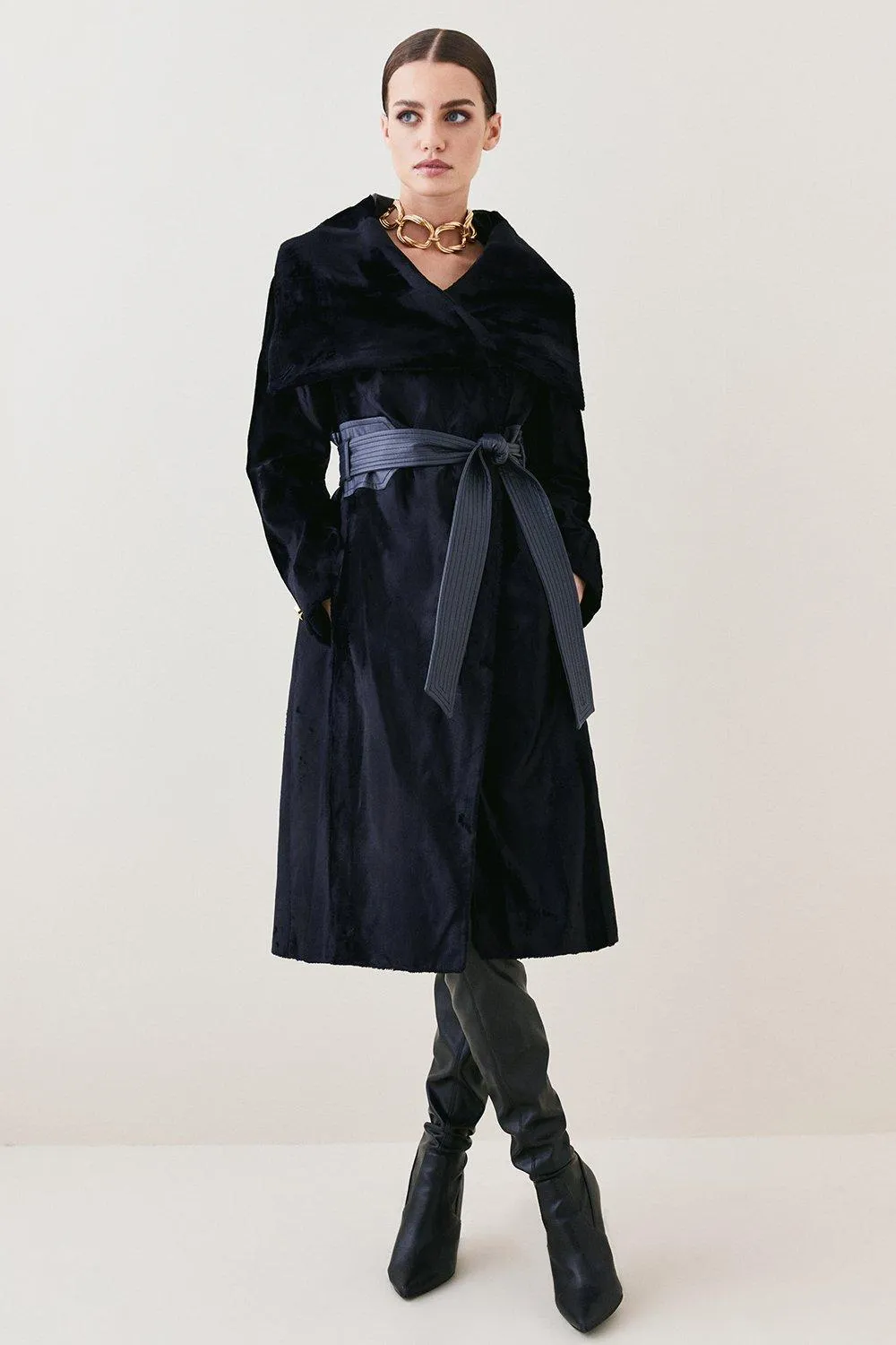 Petite Signature Ponyskin Belted Wrap Coat | Karen Millen