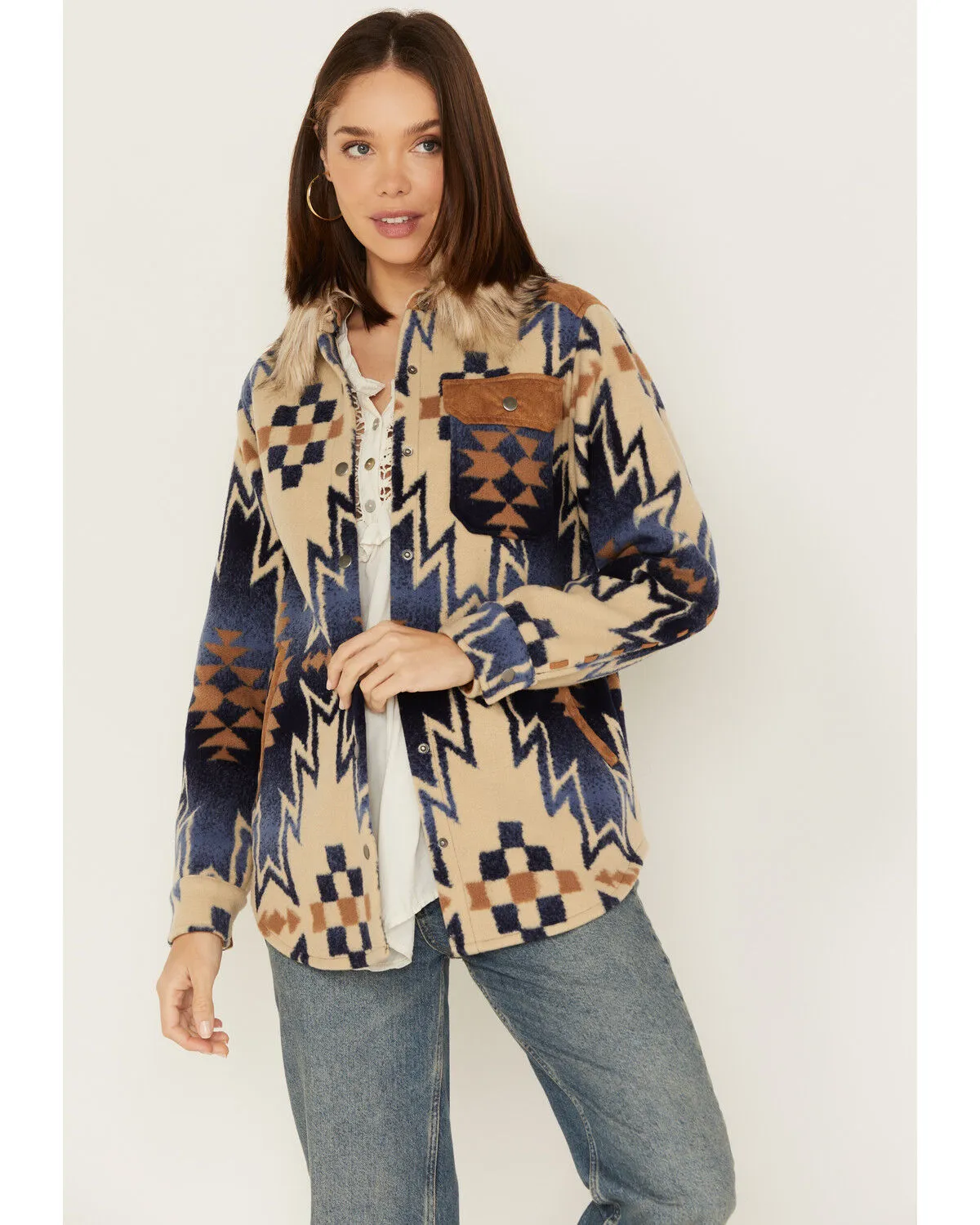 Product Name:  Tasha Polizzi Women's The Mountain Shirt Southwestern Print Faux Fur Collar Jacket