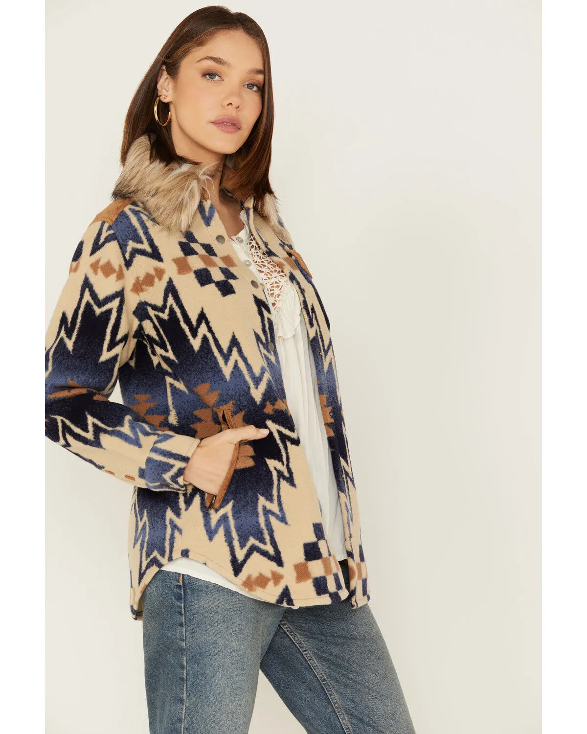 Product Name:  Tasha Polizzi Women's The Mountain Shirt Southwestern Print Faux Fur Collar Jacket