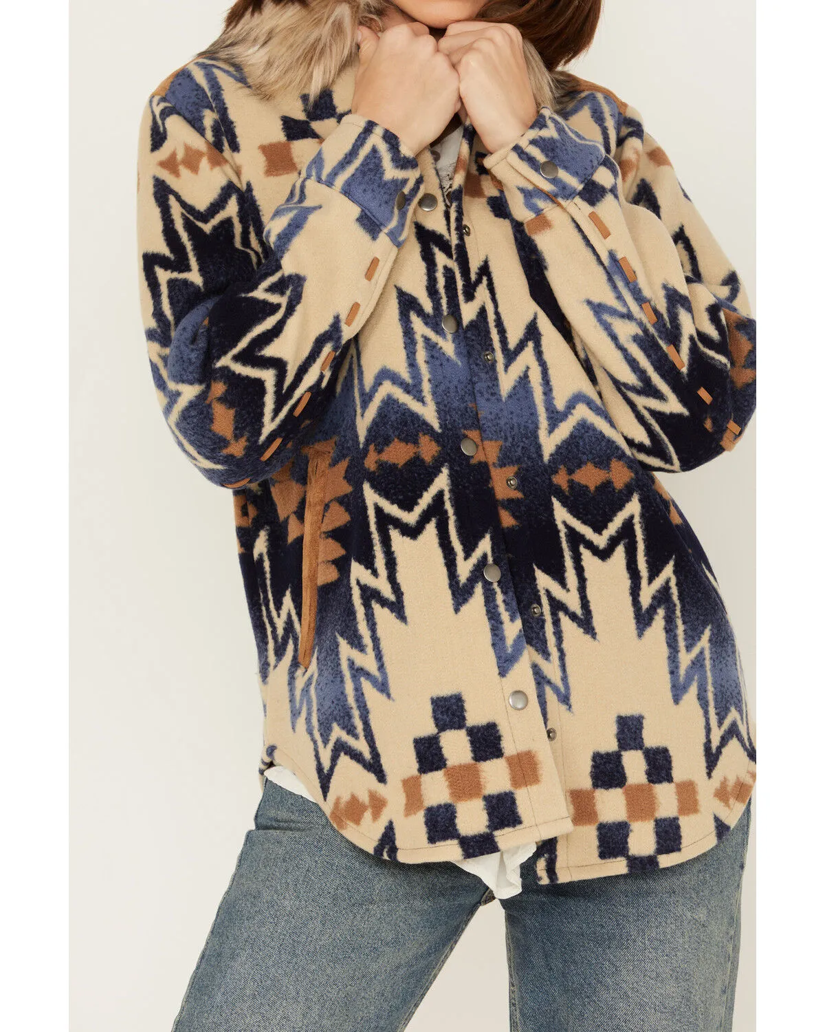 Product Name:  Tasha Polizzi Women's The Mountain Shirt Southwestern Print Faux Fur Collar Jacket