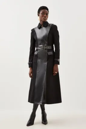 Pu Detail Belted Cotton Maxi Trench Coat | Karen Millen