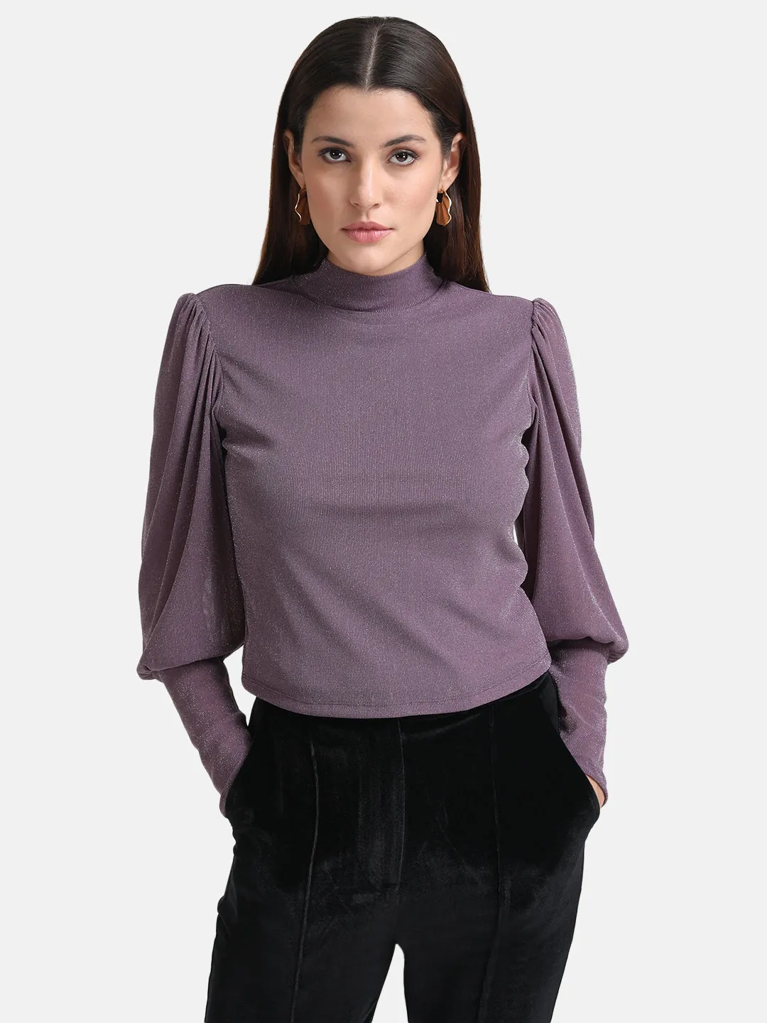 Puff Sleeves Top With Band Neck