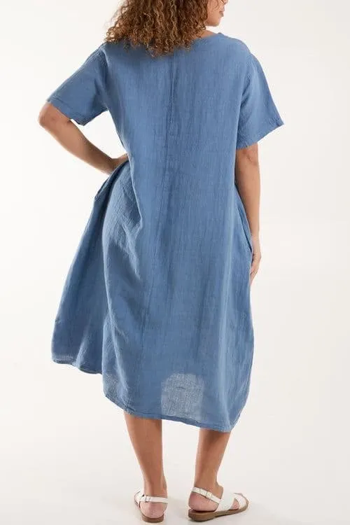 PURE LINEN BUTTON DETAIL MIDI DRESS DENIM BLUE