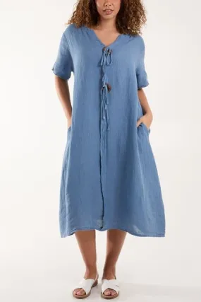 PURE LINEN BUTTON DETAIL MIDI DRESS DENIM BLUE