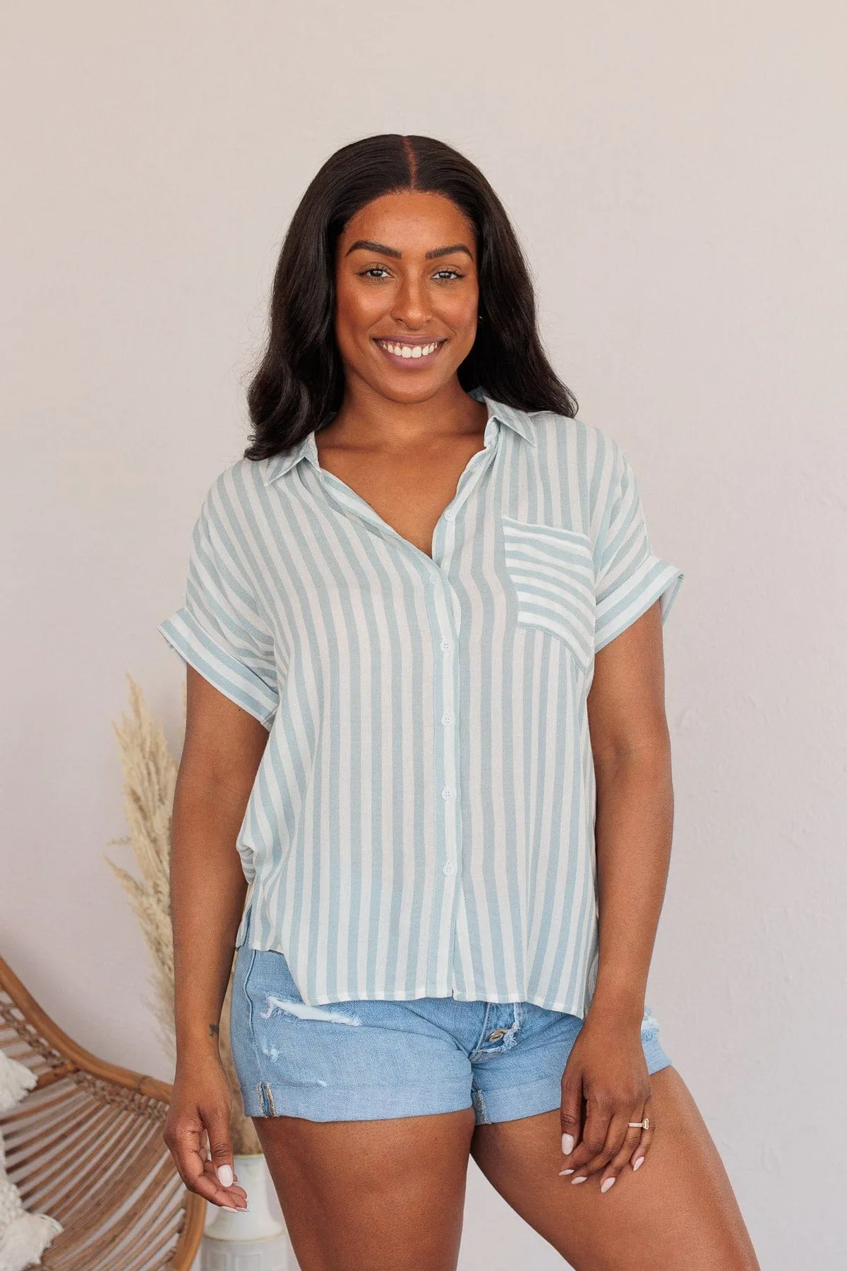 Reach For More Striped Button Top- Blue & Ivory