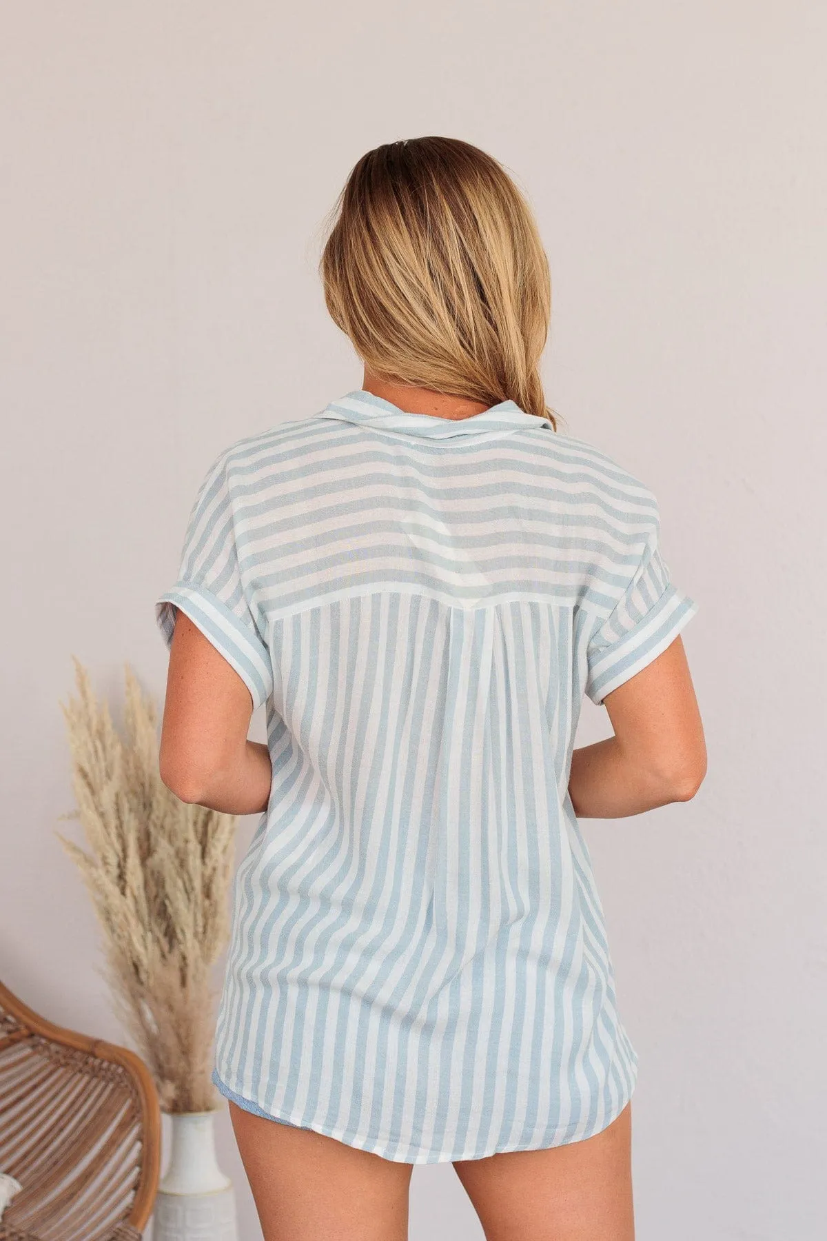 Reach For More Striped Button Top- Blue & Ivory