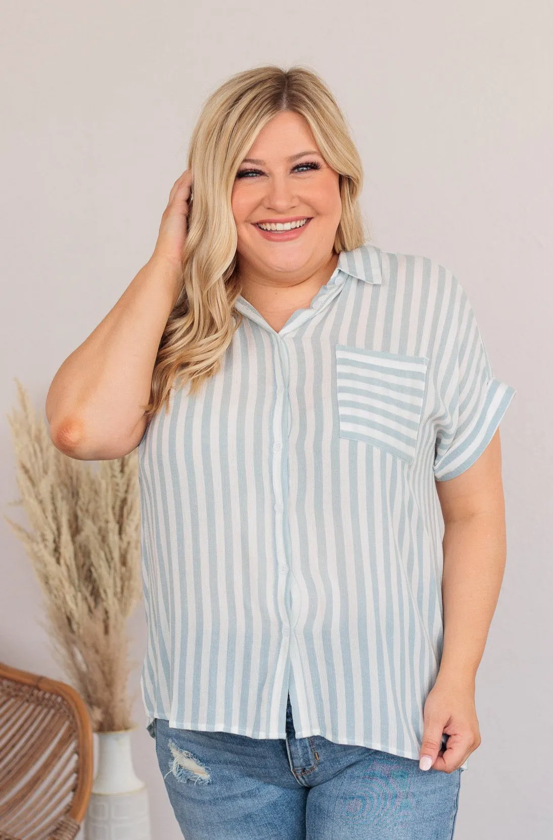 Reach For More Striped Button Top- Blue & Ivory