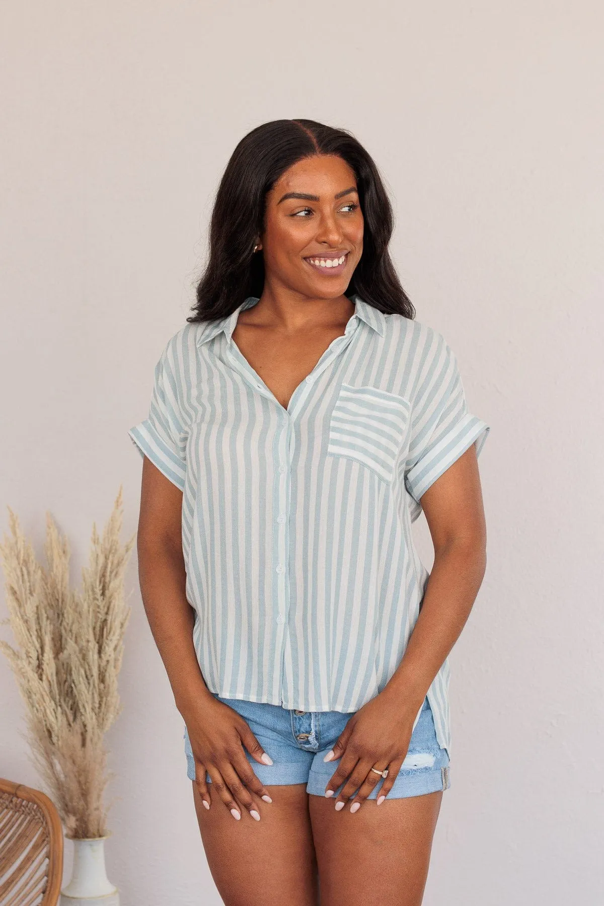 Reach For More Striped Button Top- Blue & Ivory