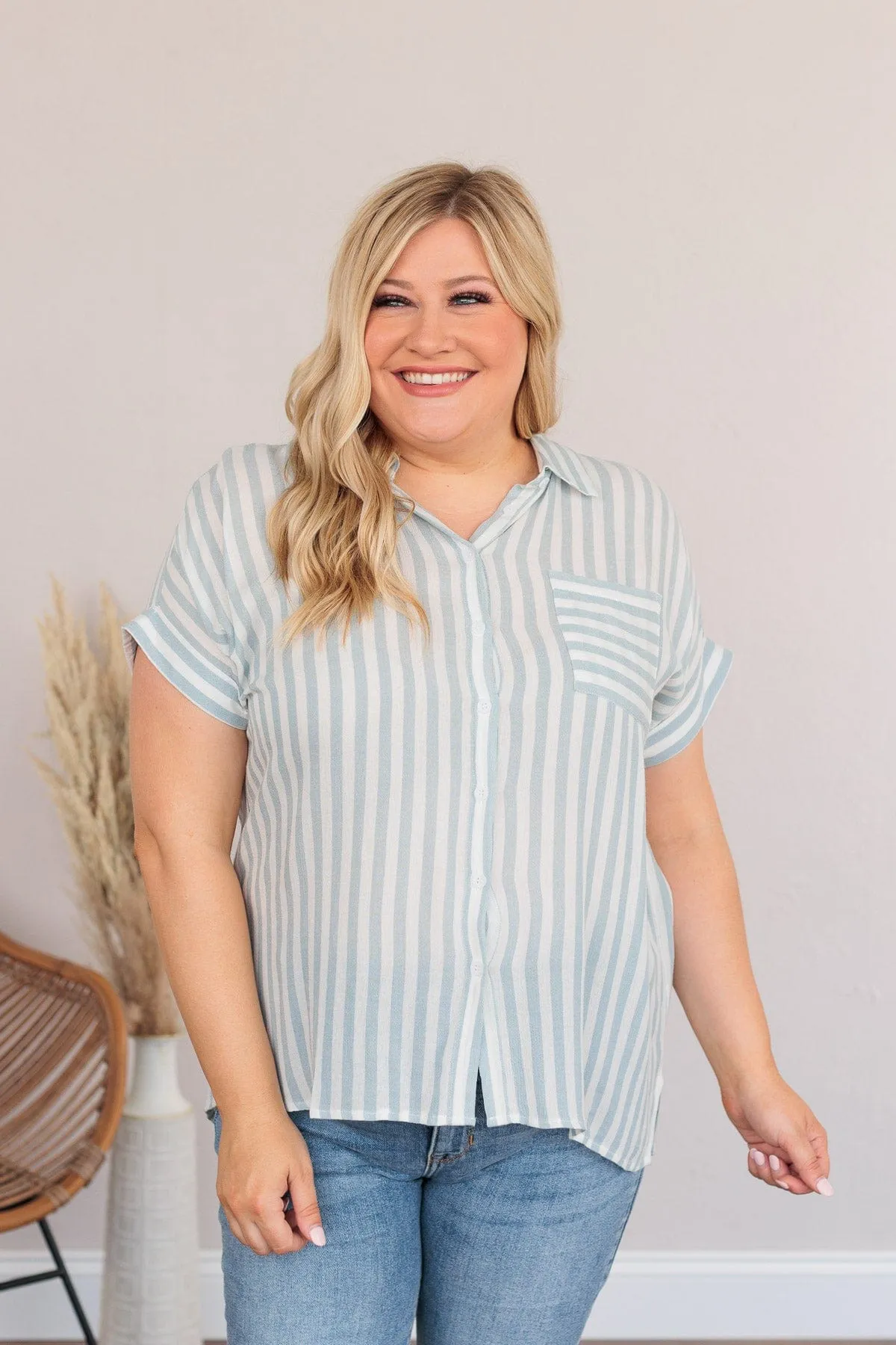 Reach For More Striped Button Top- Blue & Ivory