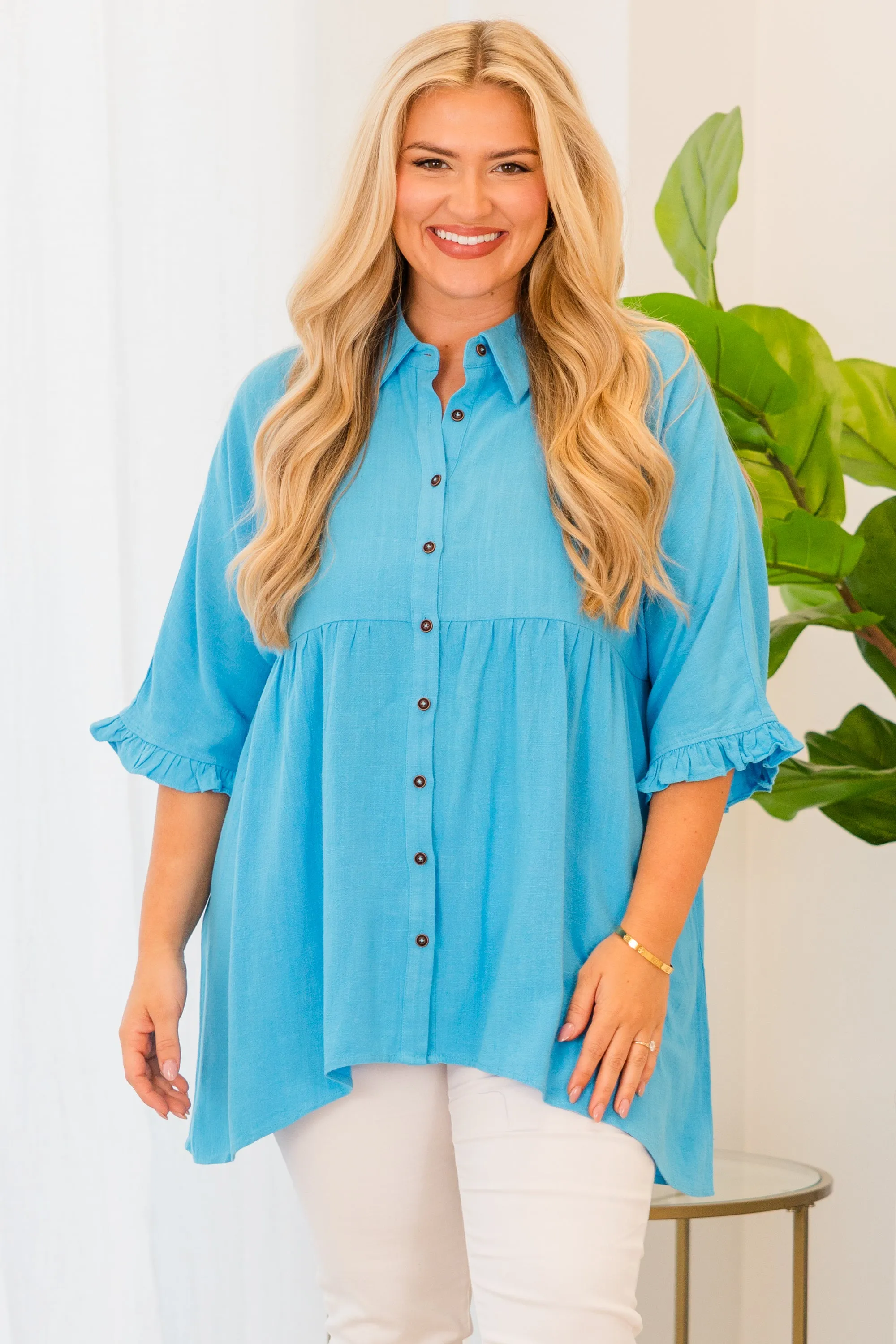 Riddle Me This Button Top, Blue